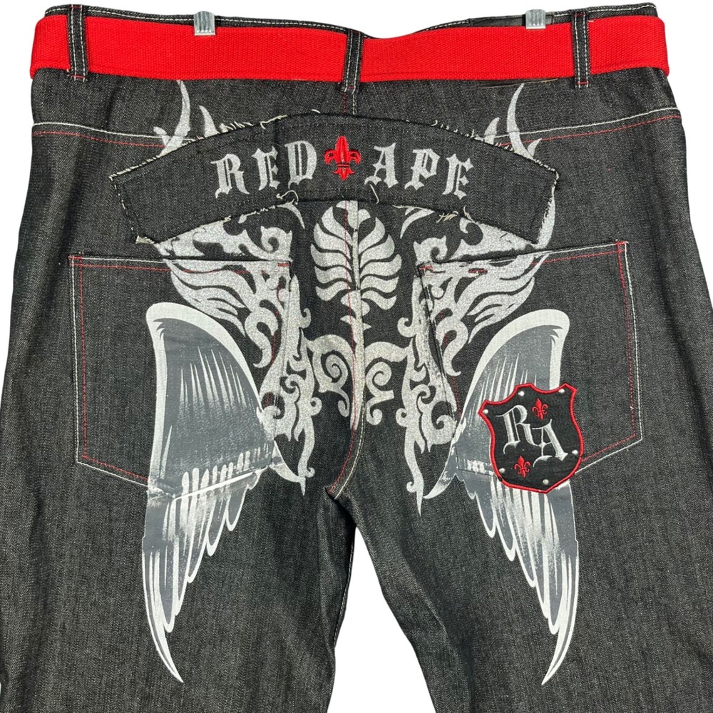 Red Ape Denim Jeans Mens 42 Black Red Embroidered Wings Y2K Streetwear With Belt